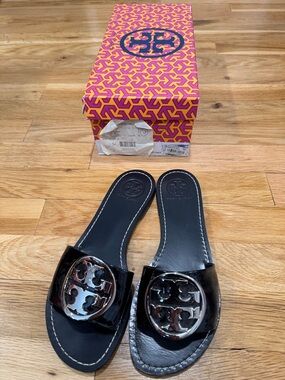 Tory Burch Black Patent Logo Slide Sandals with Silver Emblem